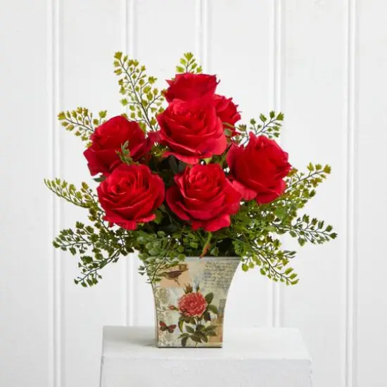 13" Red Rose & Maiden Hair Arrangement in Floral Planter {4}