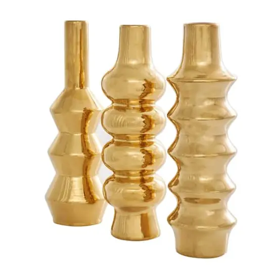 Gold Ceramic Abstract Bubble Ribbed Vase Set {3}