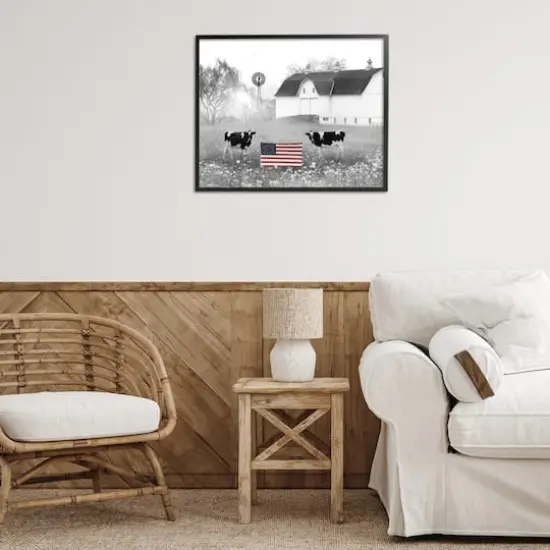 Stupell Industries Americana Barn Country Cows Flag Framed Giclee Art Black {3}