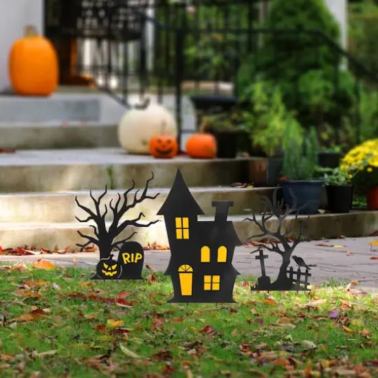 Glitzhome&reg; 2ft. Halloween Metal Silhouette Haunted House and Ghost Tree Yard Stake Set {5}
