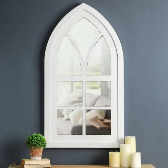 Glitzhome® 40" White Wooden Cathedral Windowpane Wall Mirror {3}