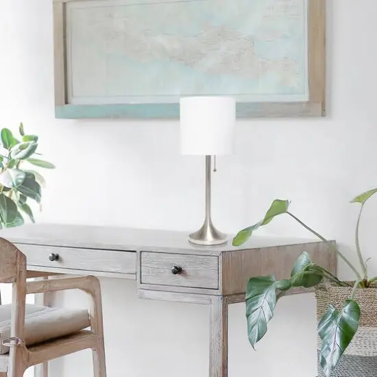 Simple Designs 21.5" Tapered Brushed Nickel Table Lamp with Fabric Drum Shade White {6}