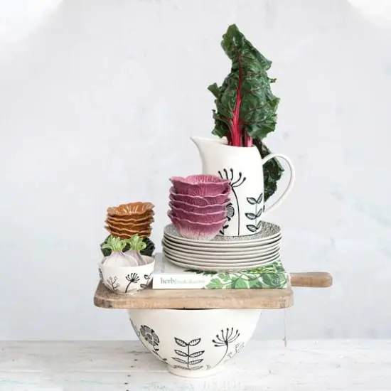 Hello Honey&reg; 62oz. Cream & Black Hand-Painted Embossed Flowers Stoneware Pitcher {3}