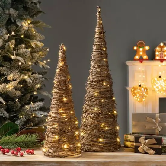 Glitzhome&reg; Pre-Lit Rattan Christmas Table Tree D&eacute;cor Set {3}