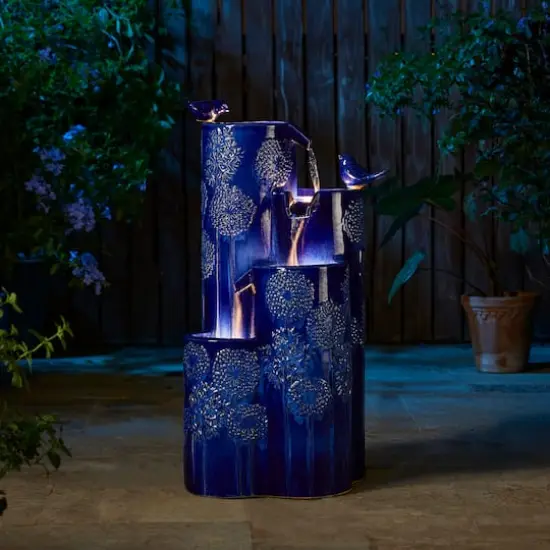Glitzhome&reg; 31.75" Cobalt Blue 4-Tier Dandelion Texture Vase-Shaped Ceramic Outdoor Fountain with LED Light {5}