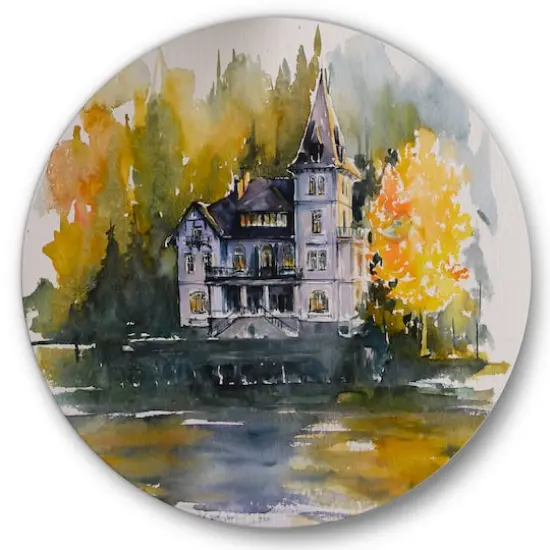 Designart - Castle By The Lake With Autumn Trees - Lake House Metal Circle Wall Art {4}