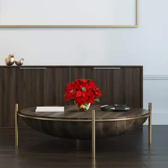 11" Red Poinsettia Arrangement in Golden Vase {4}