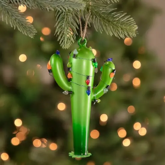 5.5" Green Cactus with Retro Light String Glass Christmas Ornament {3}