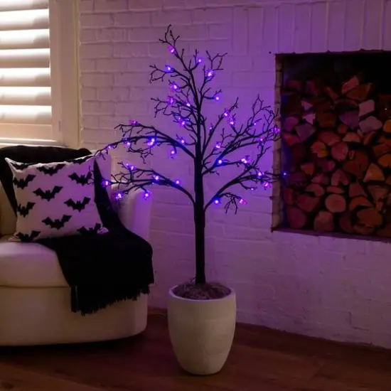 4ft. Pre-Lit Artificial Halloween Spider Twig Tree with 48 Purple LED Lights {14}