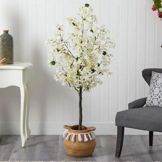 5ft. Artificial White Bougainvillea Tree with Basket {3}