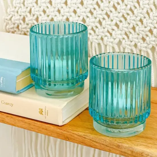 Kate Aspen&reg; Ribbed Blue Glass Votive Candle Holder Set {9}
