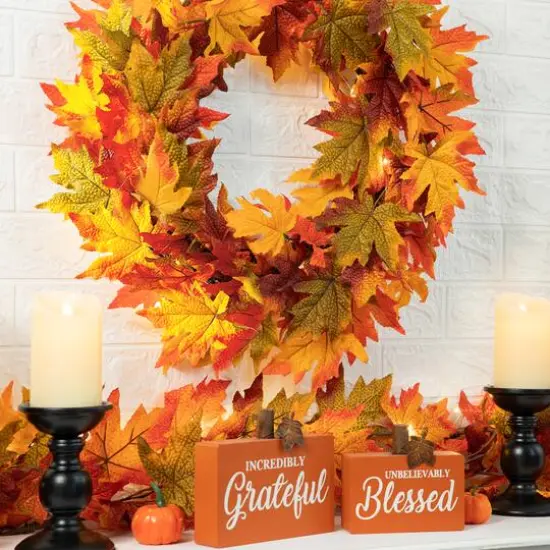 Glitzhome&reg; Lighted Fall Maple Leaves Garland & Wreath Set {5}