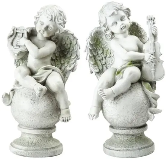 14.75" Gray Cherub Angels with Instruments Sitting on Finials Outdoor Garden Statues {1}
