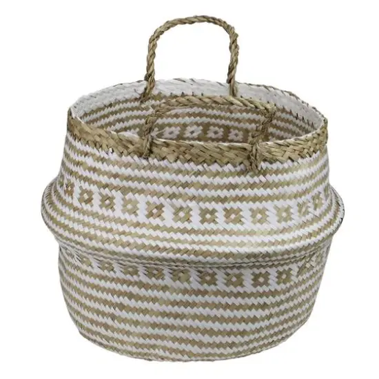15" Beige & White Large Seagrass Belly Basket with Handles {3}