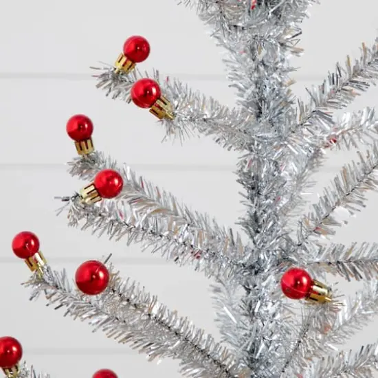 3ft. Artificial Retro Silver Tinsel Christmas Tree with 45 Red Mini Ornament Balls and Wooden Base {4}