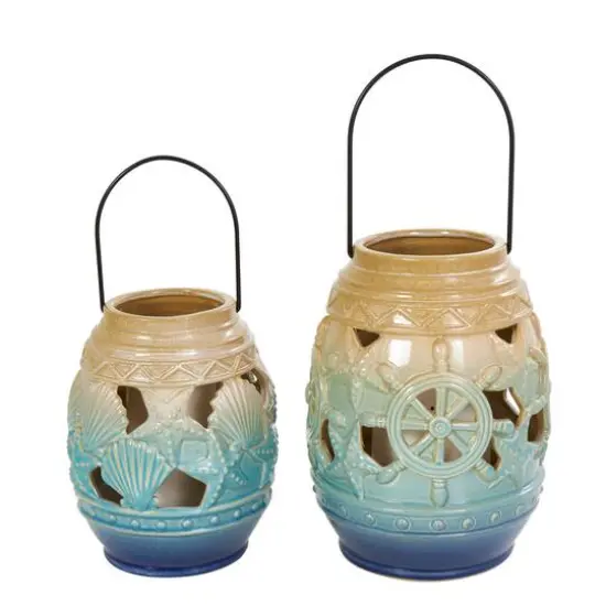 Blue Ceramic Ombre Nautical Cutout Candle Lantern Set {1}