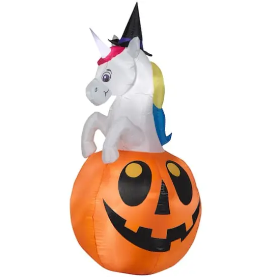 5ft. Airblown&reg; Inflatable Unicorn with Color Changing Horn out of Pumpkin Scene {1}