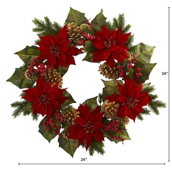 24" Poinsettia, Berry and Golden Pinecone Artificial Wreath {3}