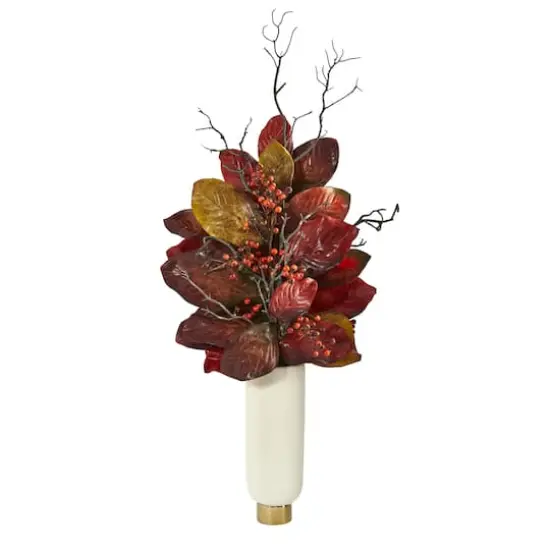 3ft. Autumn Magnolia Leaf & Berries in White Planter {1}