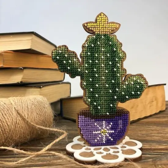 Wonderland Crafts Cactus in Purple Bowl Bead Embroidery on Wood Kit {4}