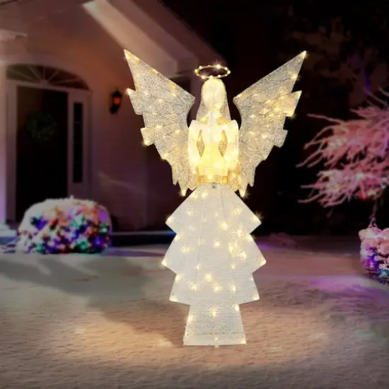 60" Gold & White Outdoor Lighted Angel, Clear LED Lights {3}