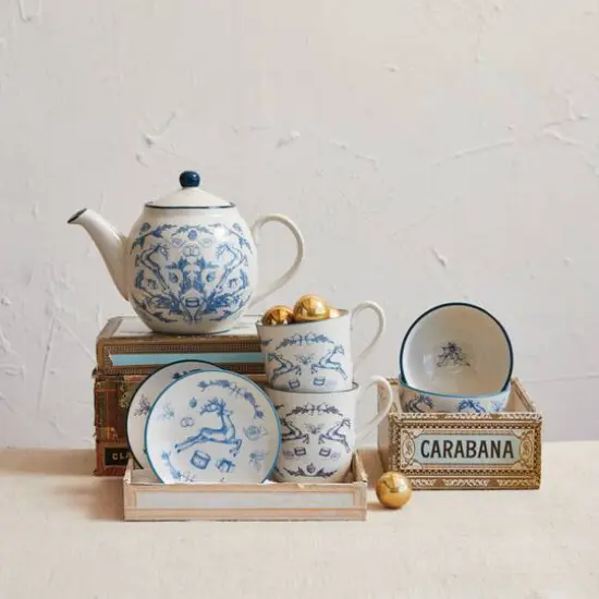 Hello Honey&reg; 30oz. Blue & Cream Classic Holiday Stoneware Teapot with Strainer {3}