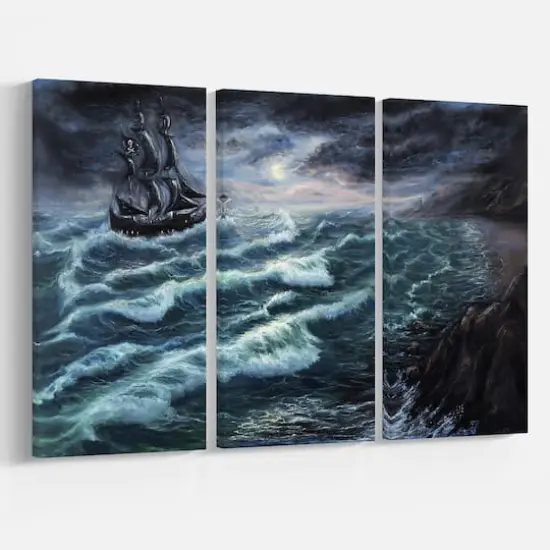 Designart - Pirate Ship Under Stormy Cloud - Sea & Shore Painting Print on Wrapped Canvas set {4}