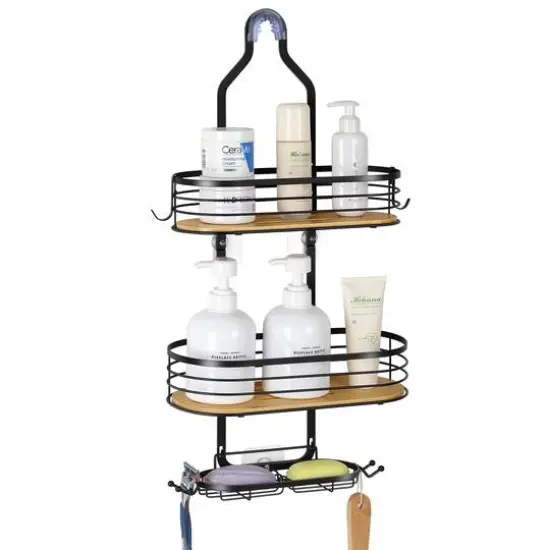 NEX&trade; Black Stainless Steel & Bamboo Hanging Caddy Shower Organizer with Hooks {3}