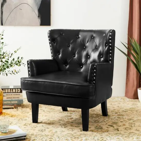 Glitzhome&reg; Modern Leatherette Button-Tufted Accent Armchair Black {9}