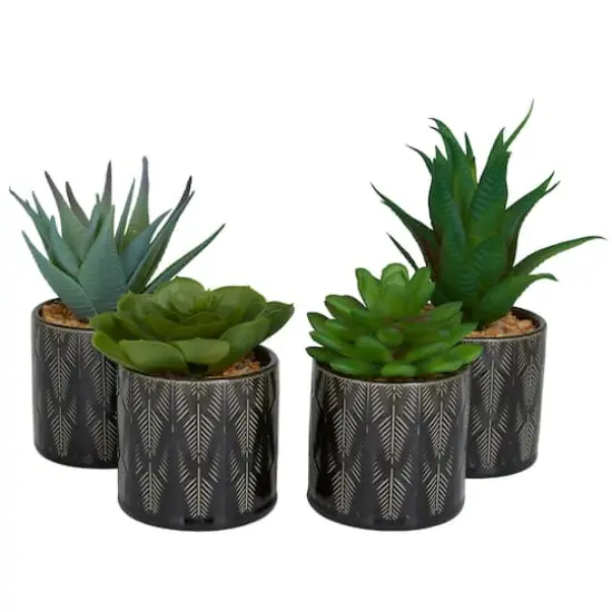 Green Faux Foliage Small Succulent Artificial Plant with Leaf Patterned Pot Set {3}
