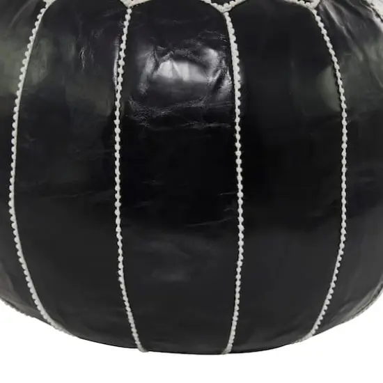 24" Black Leather Moroccan Floral Pouf with White Stitching {5}