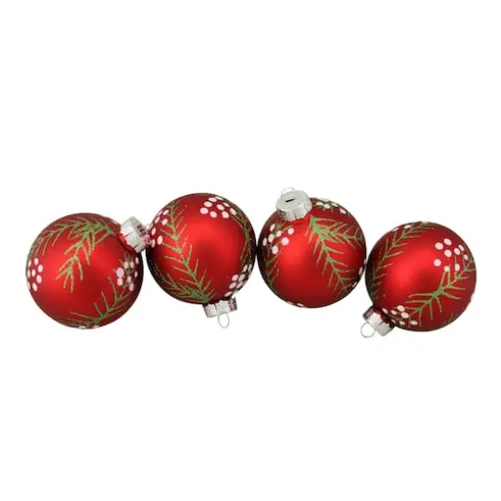 4ct. Matte Red with Pine Needles Glass Christmas Ball Ornaments {1}