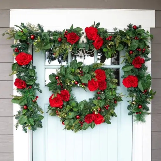 Village Lighting 30" LED Red Peonies & Berry Wreath {9}