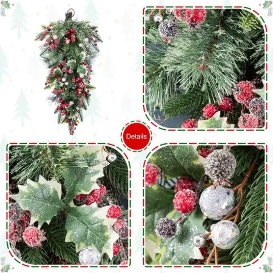 Glitzhome&reg; 28"H Christmas Red Pomegranate Berry & Holy Leaf Teardrop {7}