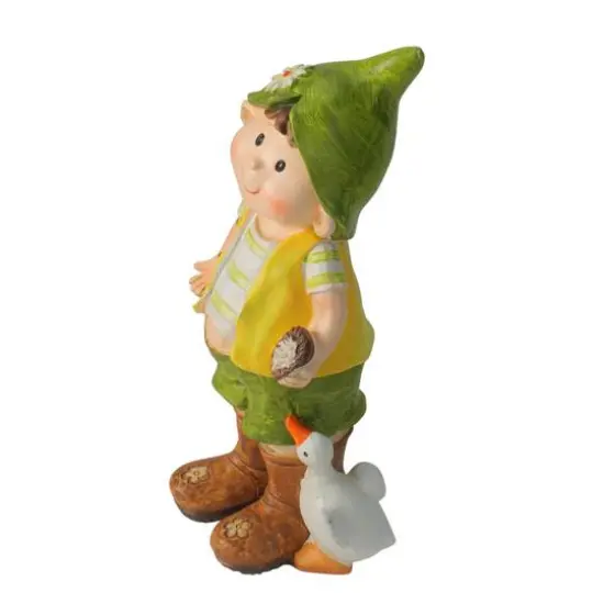 9.75" Young Boy Gnome Standing with Duck Spring Outdoor Garden Figure {3}
