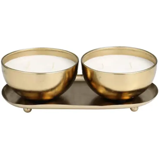 English Garden Scented 2-Wick Candles in Gold Bowls Set {1}
