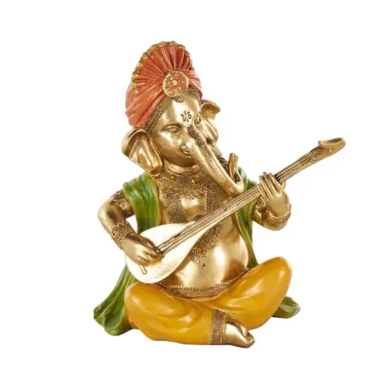 10.75" Gold Ganesh Musician Decorative Sculpture with Green, Yellow, and Red Accents {4}
