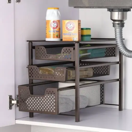 NEX&trade; 17" Brown Stackable 3-Tier Sliding Basket Cabinet Organizer {3}