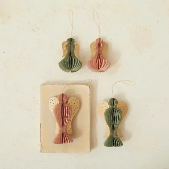 Hello Honey® 5" Green & Red Paper Folding Honeycomb Angel Ornament Set with Star Cut-Outs & Gold Glitter {3}