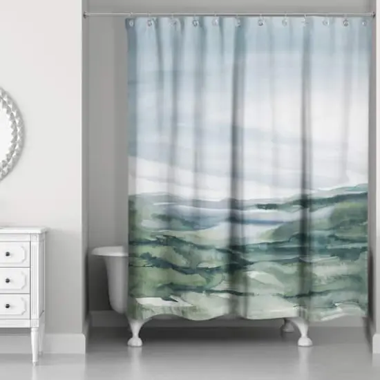 Navy and Green Abstracted Landscape 71" x 74" Shower Curtain {1}