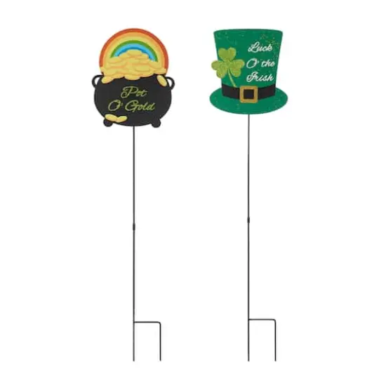 Glitzhome&reg; St. Patrick's Pot of Gold & Leprechaun Hat Metal Yard Stake Set {1}