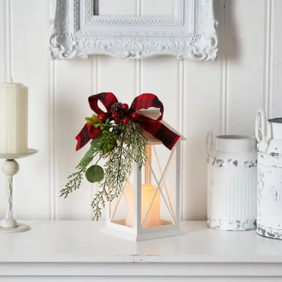 12" White Lantern with Berries, Pine & Plaid Bow Artificial Christmas Table Arrangement with LED Candle {3}