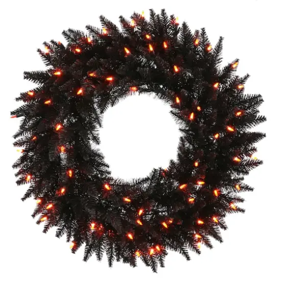 24" Pre-Lit Black Fir Artificial Christmas Wreath, Orange Dura-Lit LED Lights {1}