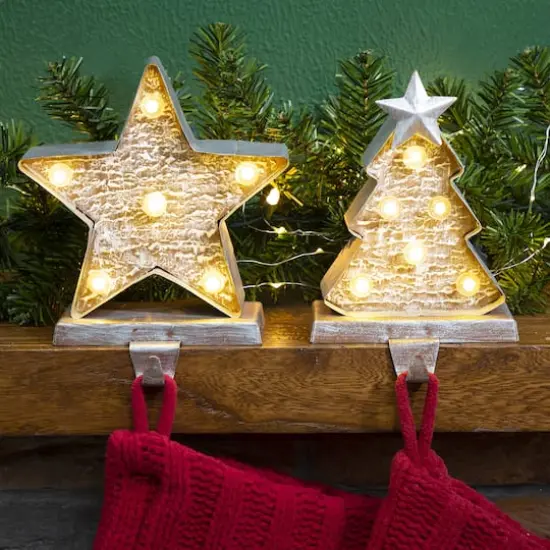 Glitzhome&reg; 8" Marquee LED Christmas Tree & Star Wooden & Metal Stocking Holder Set {3}