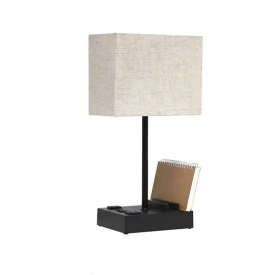 Simple Designs 15.3" Table Lamp with 2 USB Ports & Charging Outlet Black Base/Beige Shade {9}