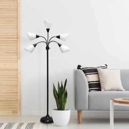 Simple Designs&trade; 5.5ft. 5-Light Gooseneck Black Floor Lamp with White Shades {6}