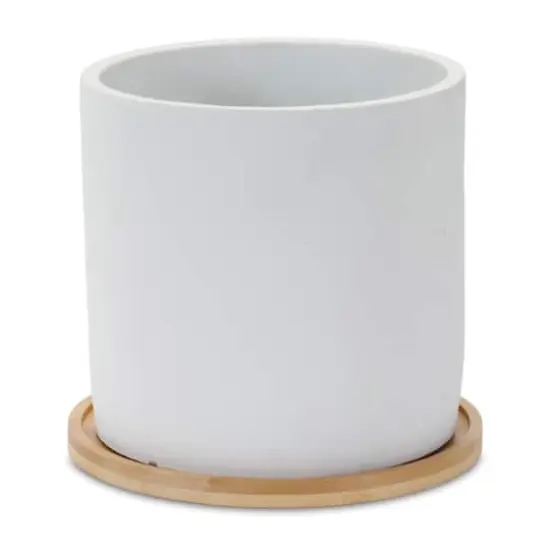 White Stone Planters with Wood Plates Set {3}