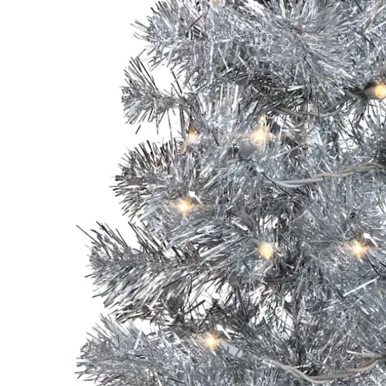 7ft. Pre-Lit Silver Artificial Tinsel Christmas Tree, Clear Lights {4}