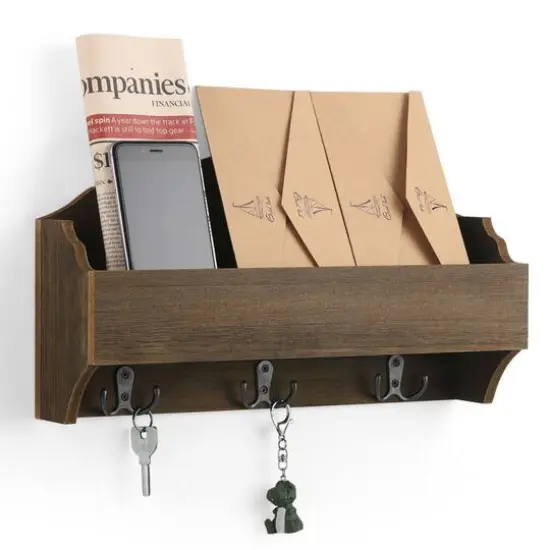 NEX&trade; Wooden Wall-Mounted Mail Sorter Hanging Rack with 3 Double Key Hooks {5}