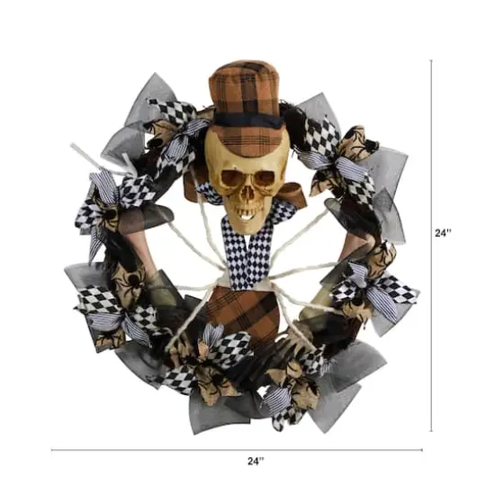 24" Halloween Skull in Plaid Mesh Wreath {3}